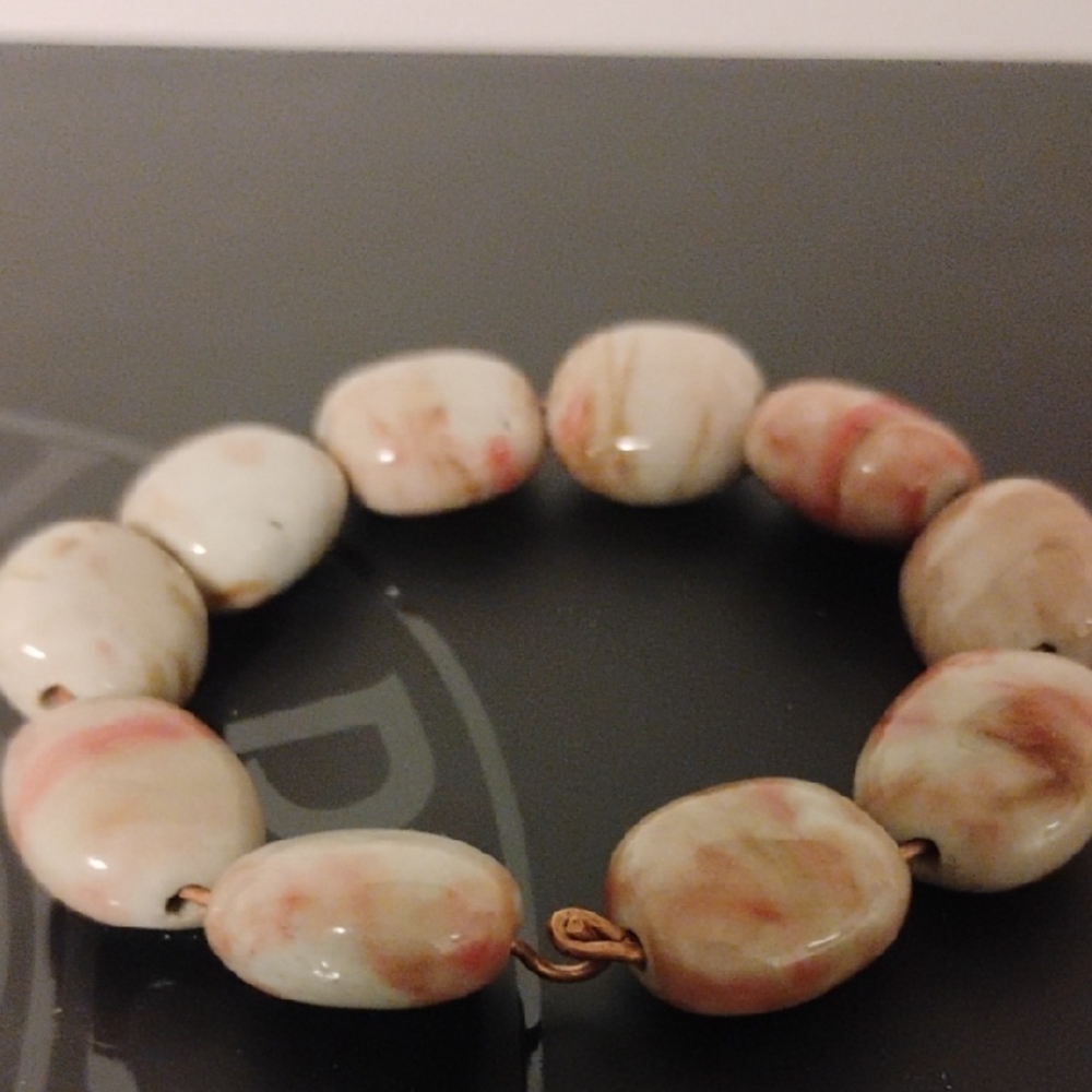 Handmade Elegant Pink and Cream Beaded Bracelet Copper Wire